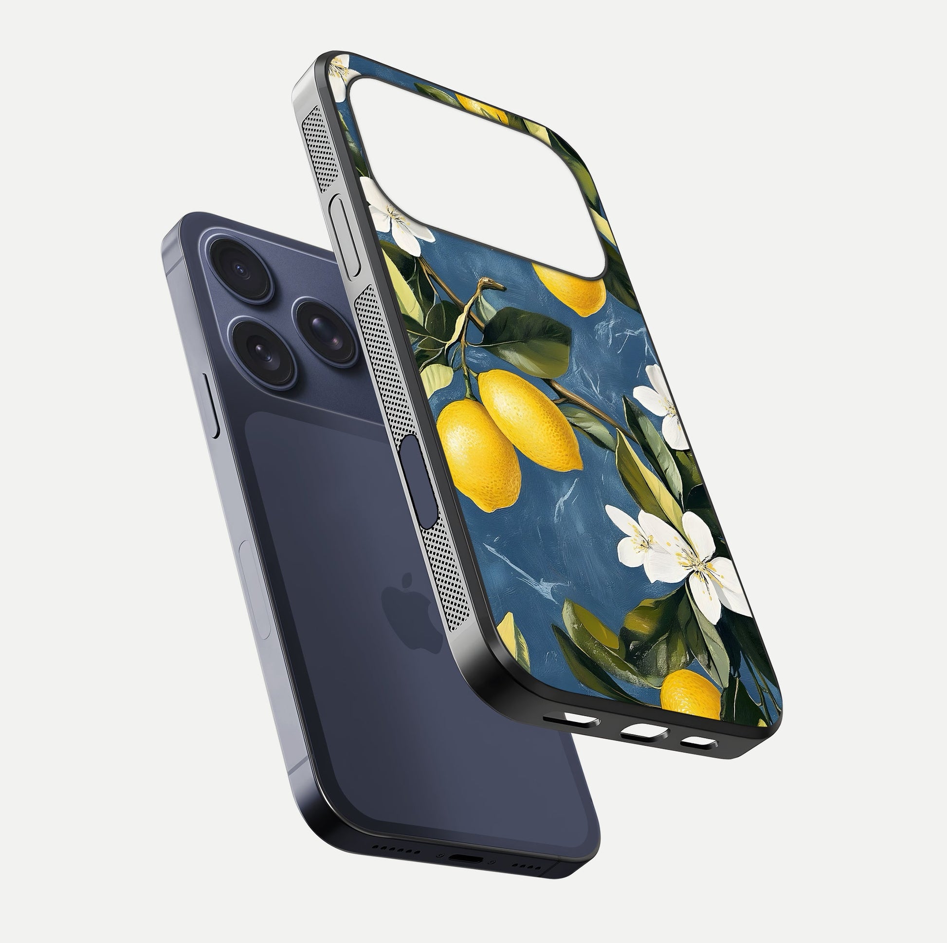 Lemon Dream Garden Glass Case for iPhone 17 Pro floating dual-view mockup showing gloss brightness and vivid yellow print