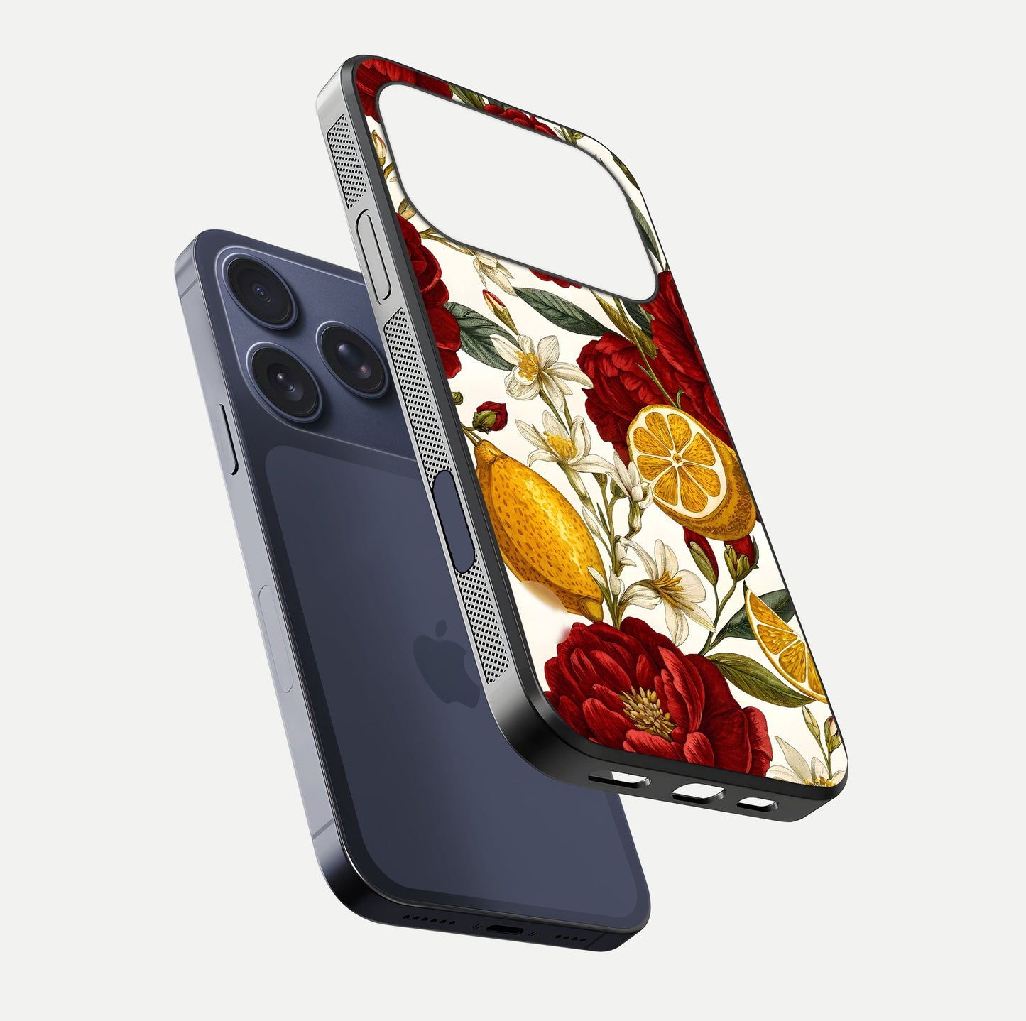 Lemon Rose Charm Glass Case for iPhone 17 Pro floating dual-view mockup showing gloss polish and floral gradient