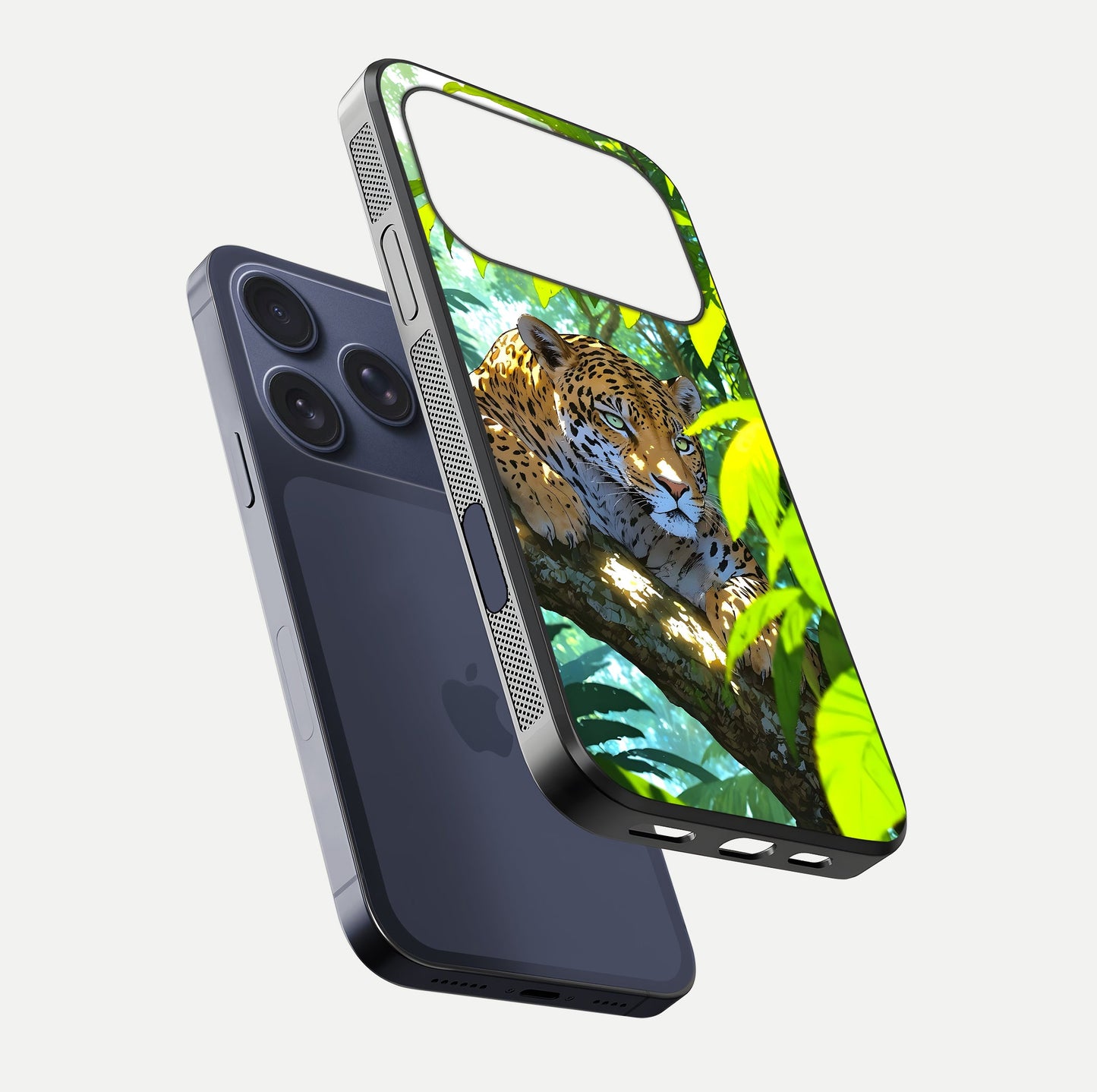 Leopard in Jungle Glass Case for iPhone 17 Pro floating dual-view mockup showing gloss finish and HD wild pattern