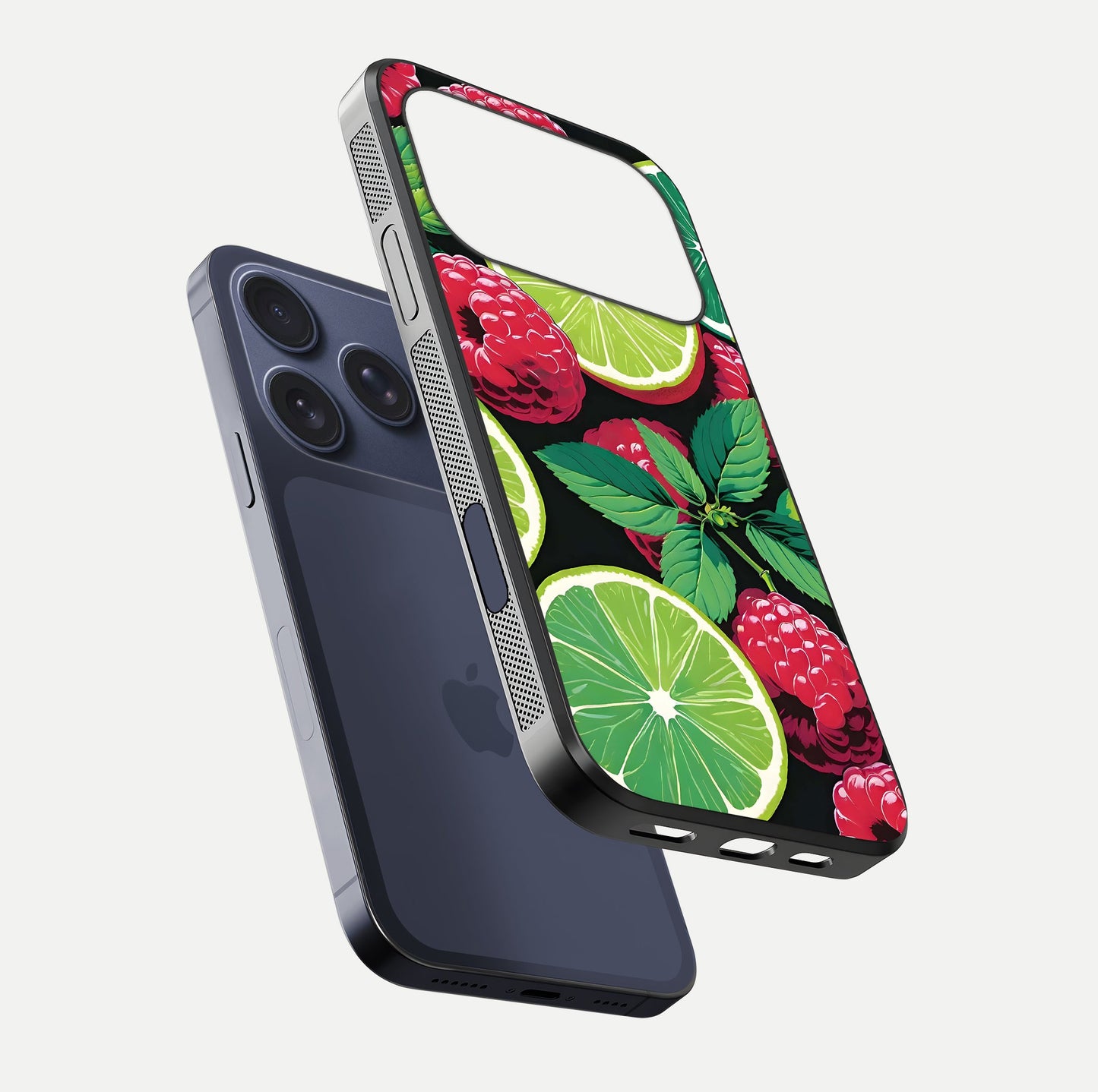 Lime and Raspberry Pattern Glass Case for iPhone 17 Pro floating dual-view showing HD gloss and vivid print