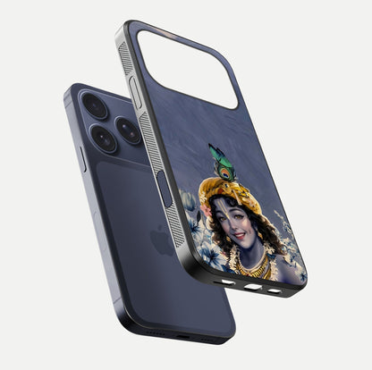 Lord Krishna Glass Case for iPhone 17 Pro floating dual-view showing glossy shine and divine artistic pattern