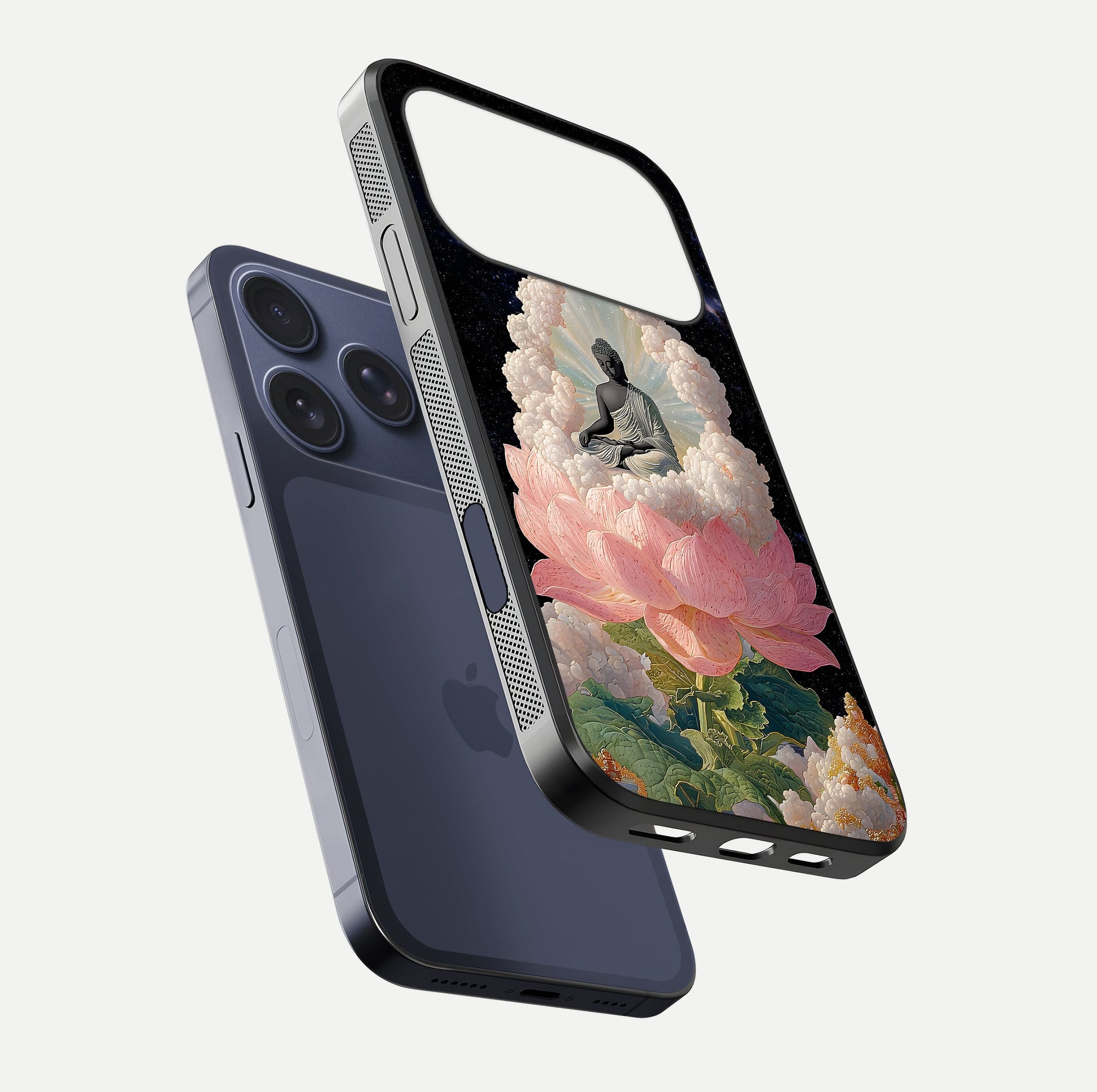 Lotus Divine Peace Glass Case for iPhone 17 Pro floating dual-view mockup with glass glow and spiritual calm art