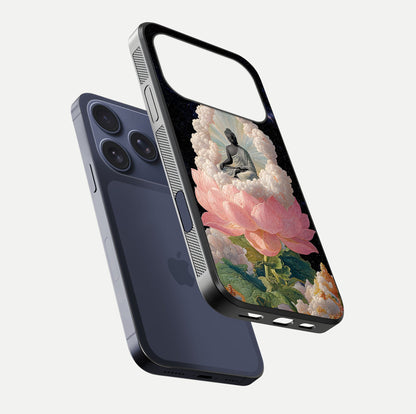 Lotus Divine Peace Glass Case for iPhone 17 Pro floating dual-view mockup with glass glow and spiritual calm art