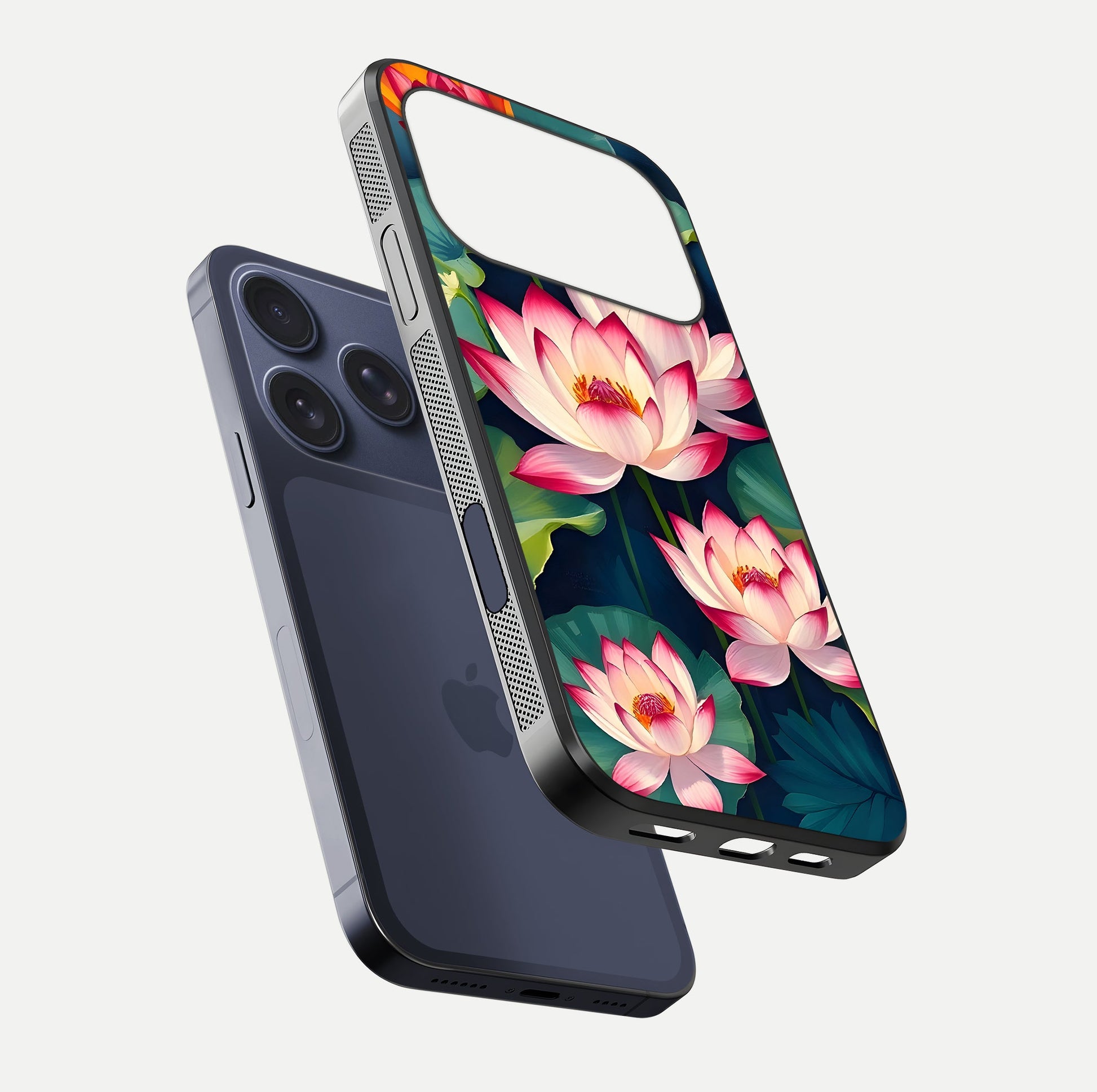 Lotus Dream Serenity Glass Case for iPhone 17 Pro floating dual-view mockup highlighting HD gloss glow