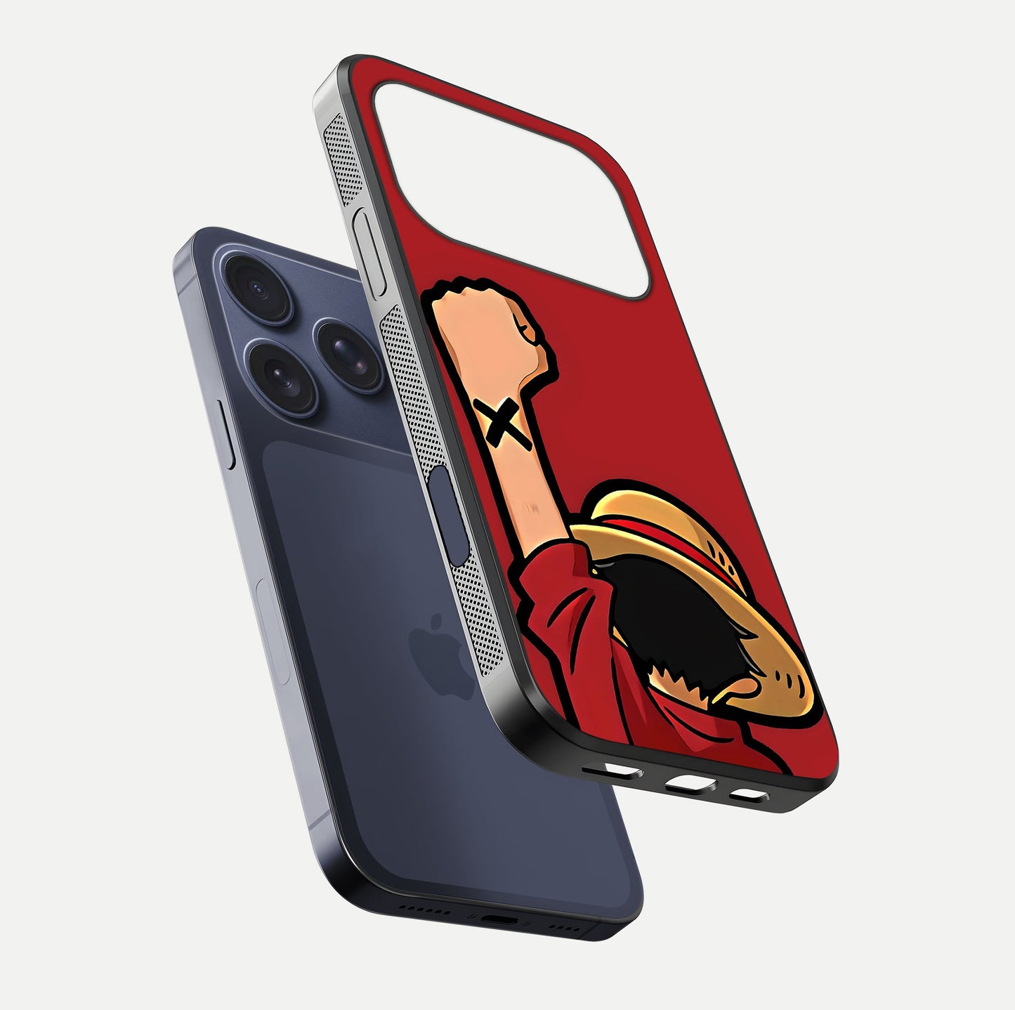 Luffy X Spirit Glass Case for iPhone 17 Pro floating dual-view mockup showing gloss polish and vibrant color depth