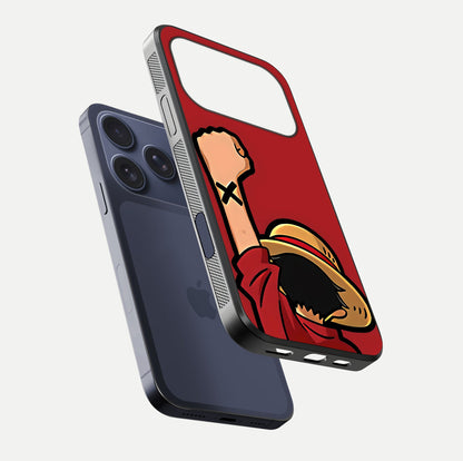 Luffy X Spirit Glass Case for iPhone 17 Pro floating dual-view mockup showing gloss polish and vibrant color depth