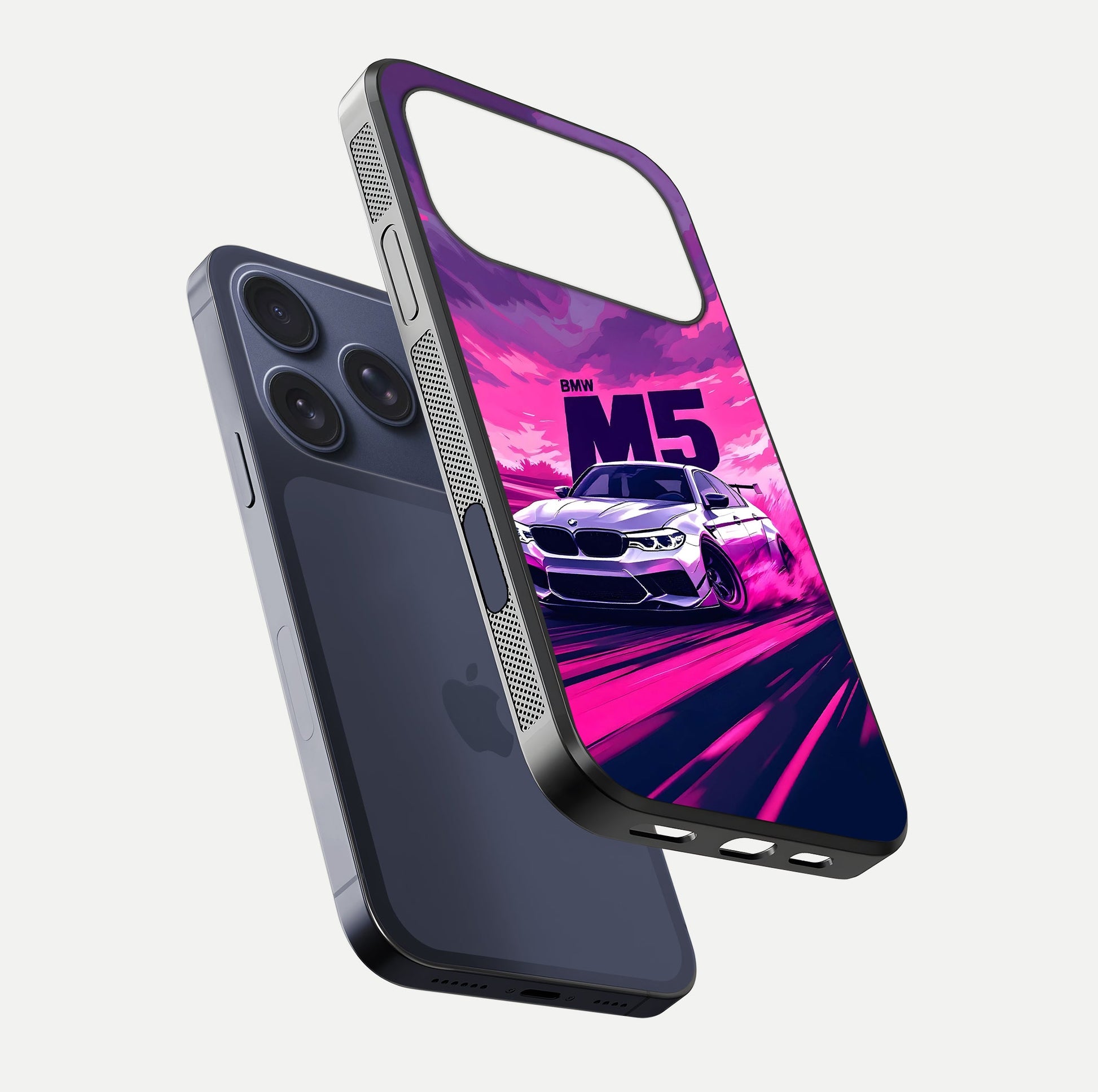 MS Neon Car Glass Case for iPhone 17 Pro floating dual-view mockup showing HD gloss and electric color tones