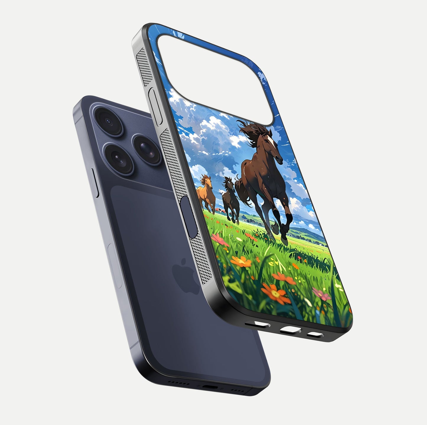 Majestic Horses Galloping Glass Case for iPhone 17 Pro floating dual-view mockup showing gloss texture and vivid tones