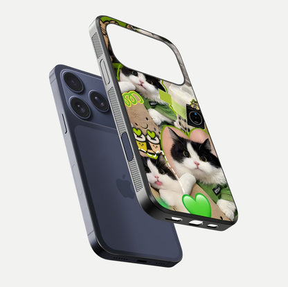 Matcha Cats Mood Glass Case for iPhone 17 Pro floating dual-view mockup showing HD gloss surface and soft tones