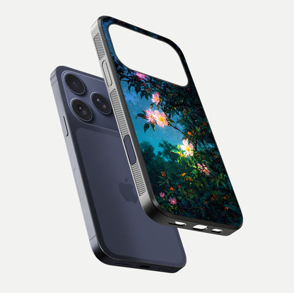 Midnight Bloom Glow Glass Case for iPhone 17 Pro floating dual-view mockup showing HD gloss and floral contrast