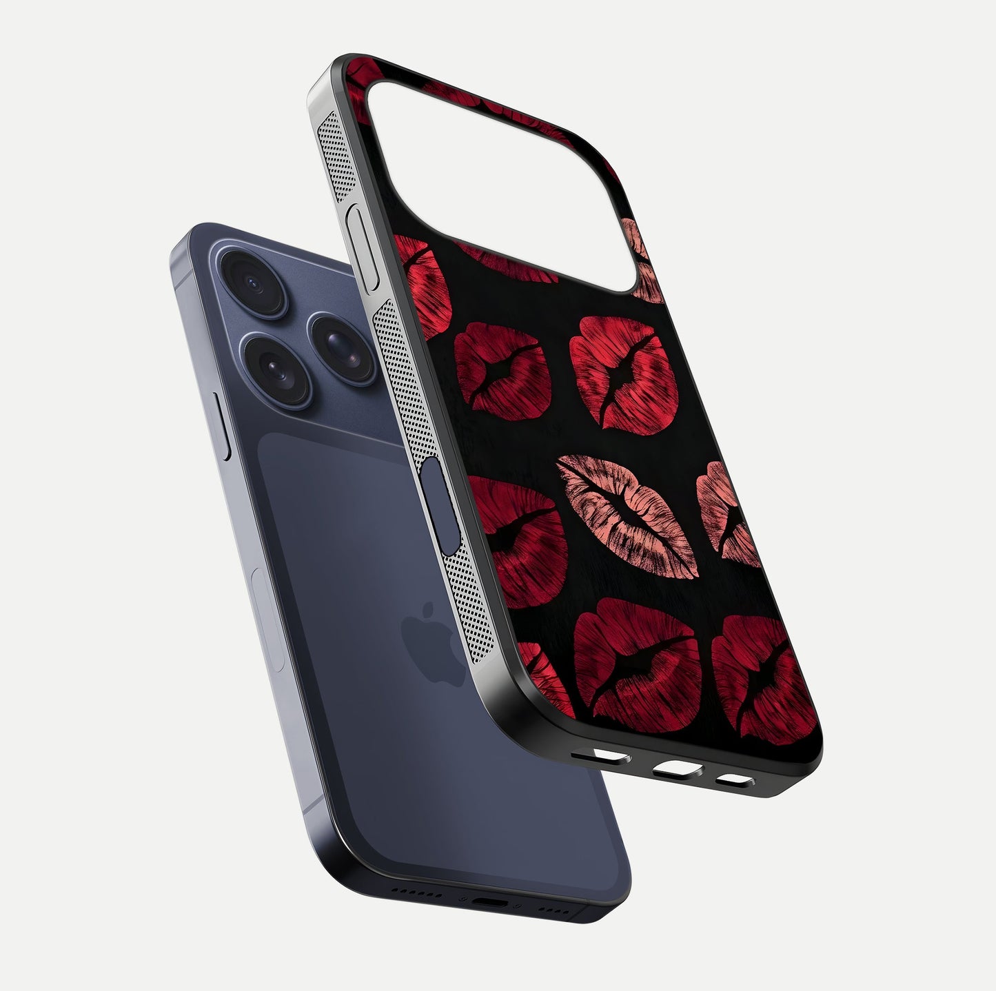 Midnight Kiss Love Glass Case for iPhone 17 Pro floating dual-view mockup showing HD gloss and elegant edge design