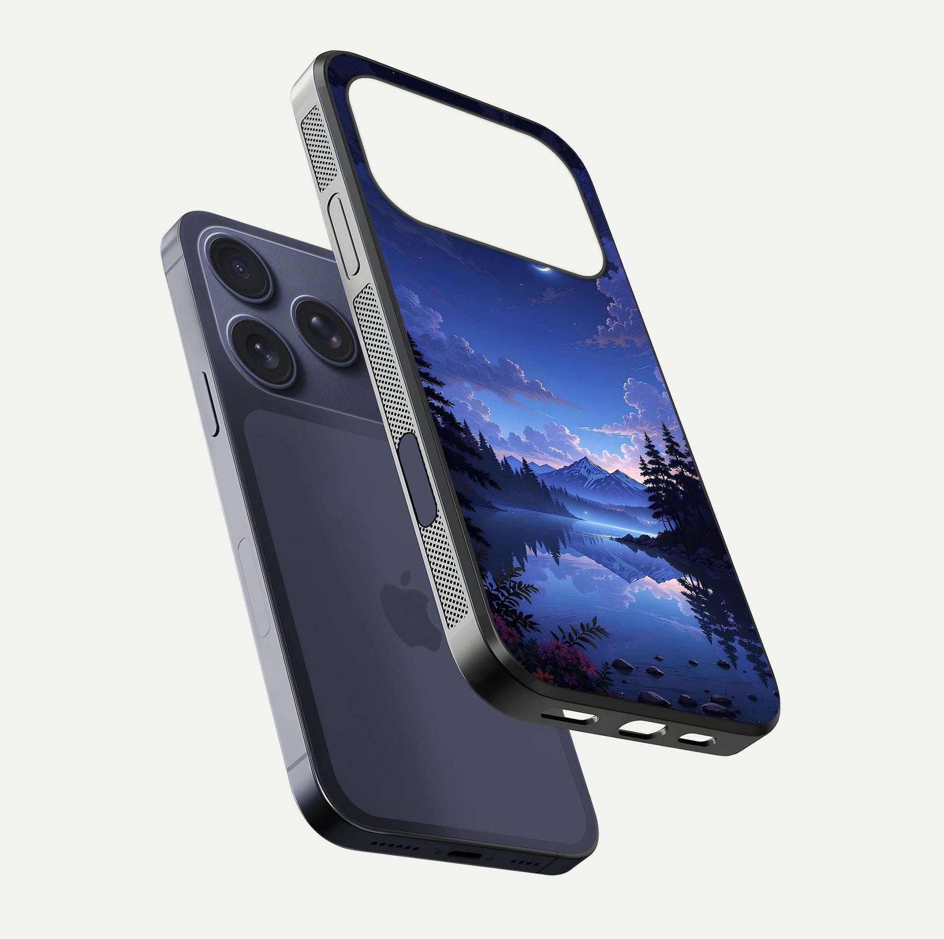 Midnight Lake Peace Glass Case for iPhone 17 Pro floating dual-view mockup showing gloss finish and peaceful art