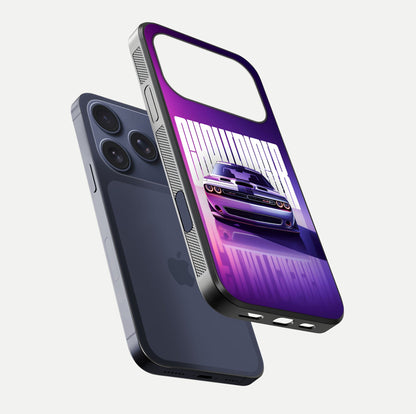 Midnight Muscle Ride Glass Case for iPhone 17 Pro floating dual-view mockup showing glossy finish and shine depth