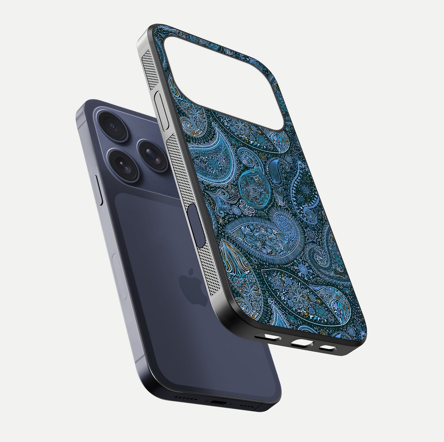 Midnight Paisley Glow Glass Case for iPhone 17 Pro floating dual-view mockup showing HD gloss and rich pattern