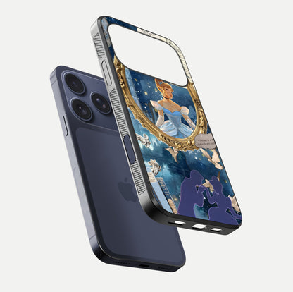 Midnight Queen Glass Case for iPhone 17 Pro floating dual-view mockup showing HD glass shine and luxury art