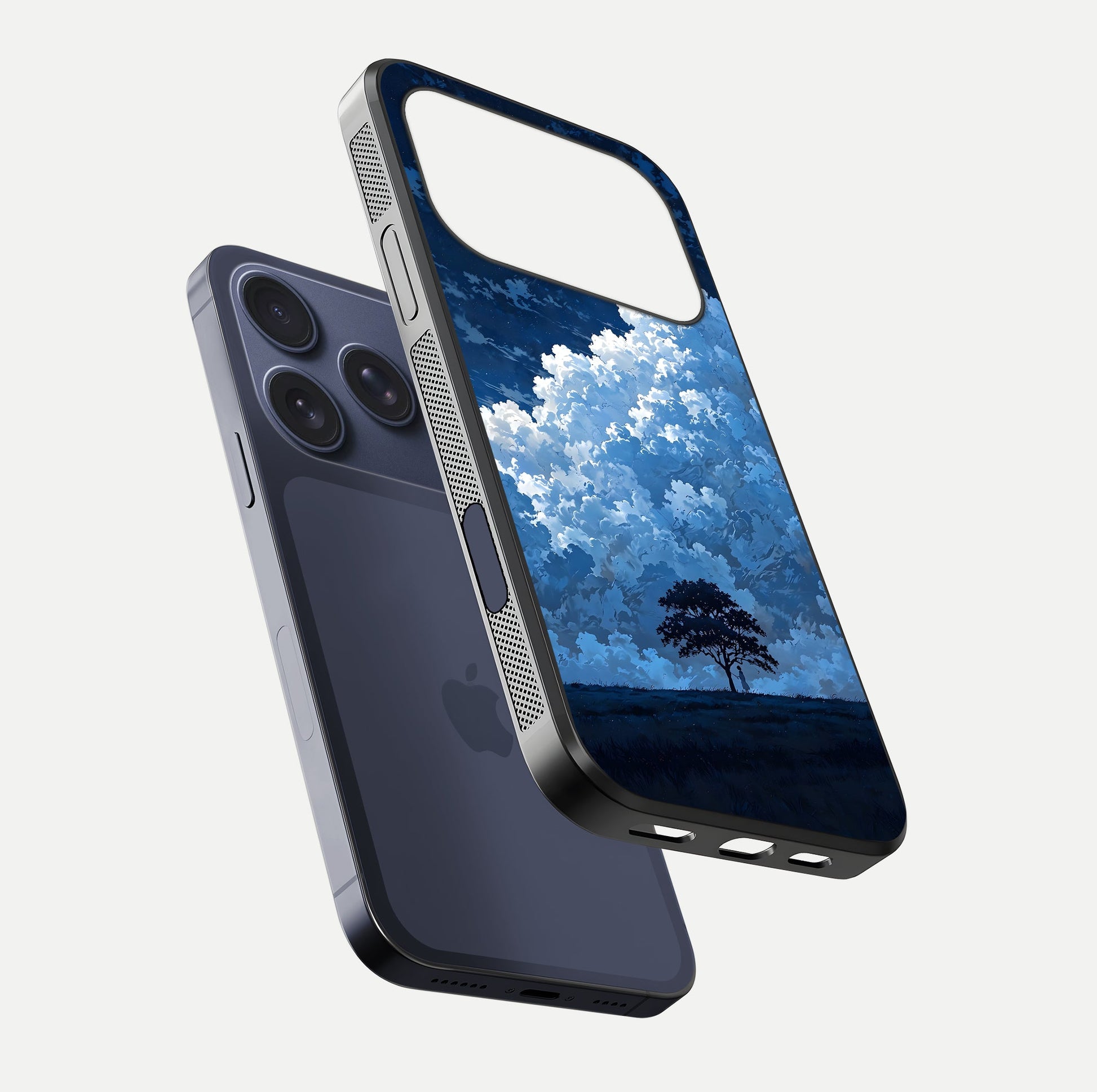 Midnight Sky Serenity Glass Case for iPhone 17 Pro floating dual-view mockup showing HD gloss and night shine
