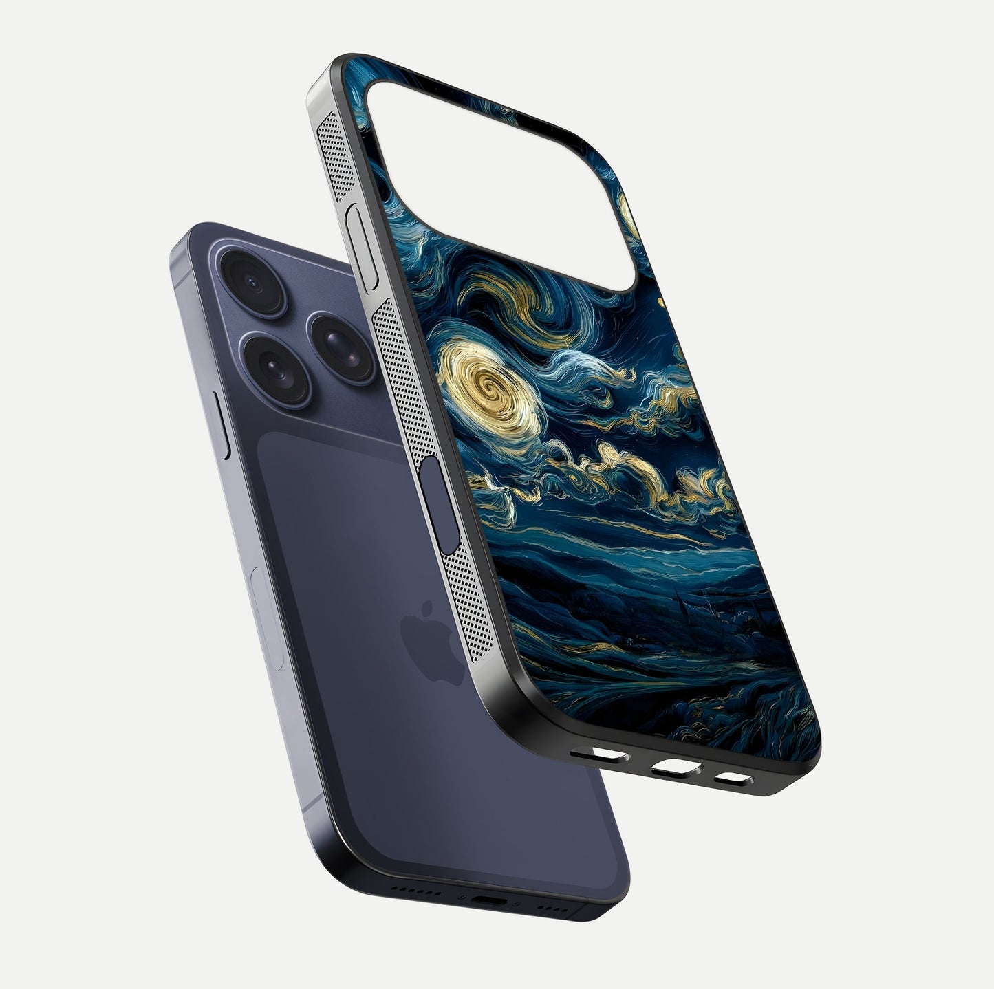 Midnight Sky Whirl Glass Case for iPhone 17 Pro floating dual-view mockup showing gloss texture and shine