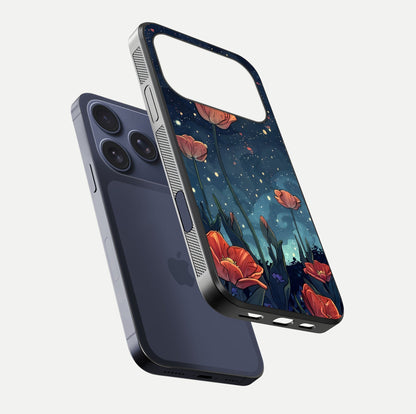 Midnight Tulip Glow Glass Case for iPhone 17 Pro floating dual-view mockup showing HD gloss and tulip tone