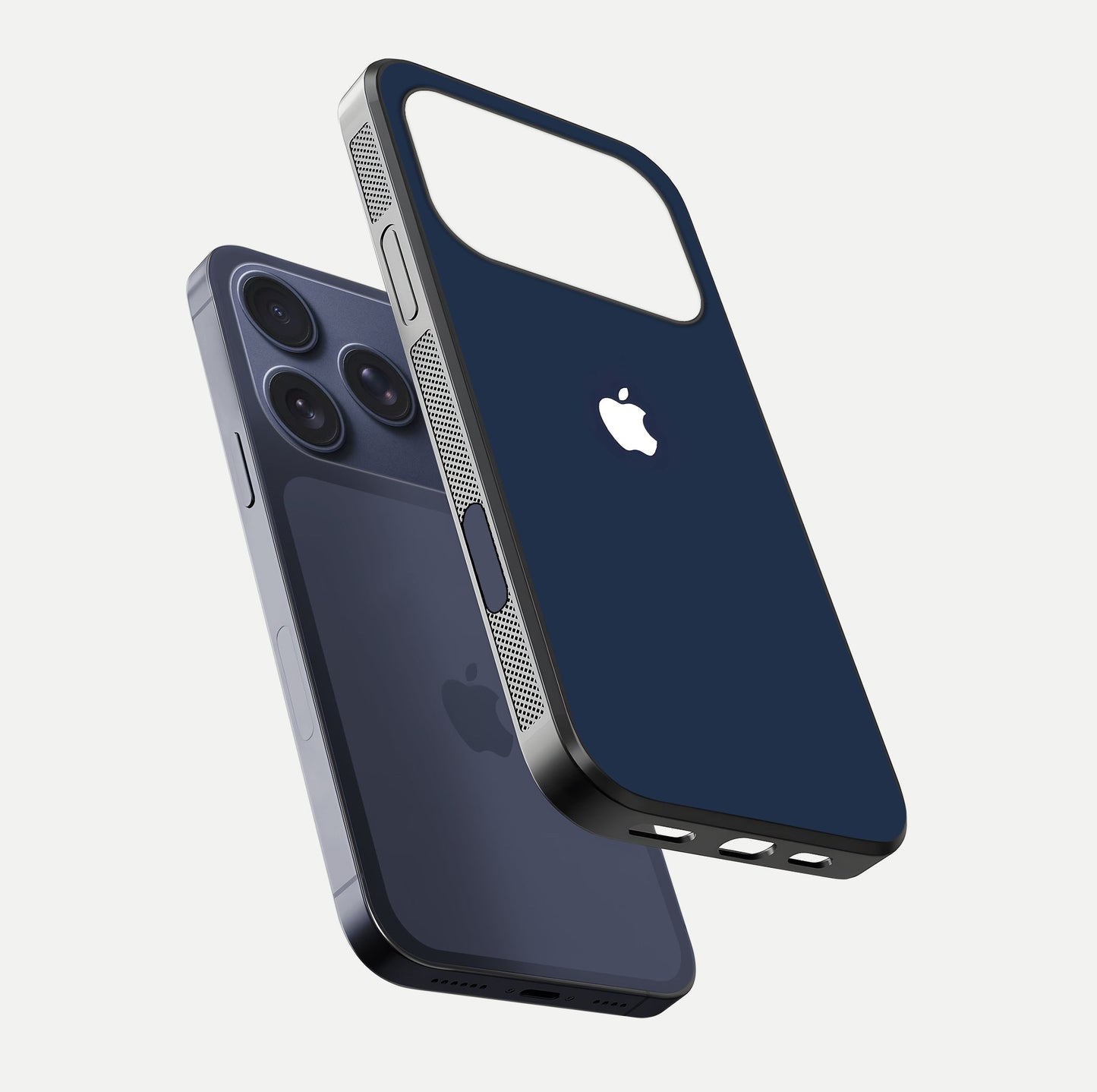 Minimal Apple Night Glass Case for iPhone 17 Pro floating dual-view mockup showing HD shine and minimal style
