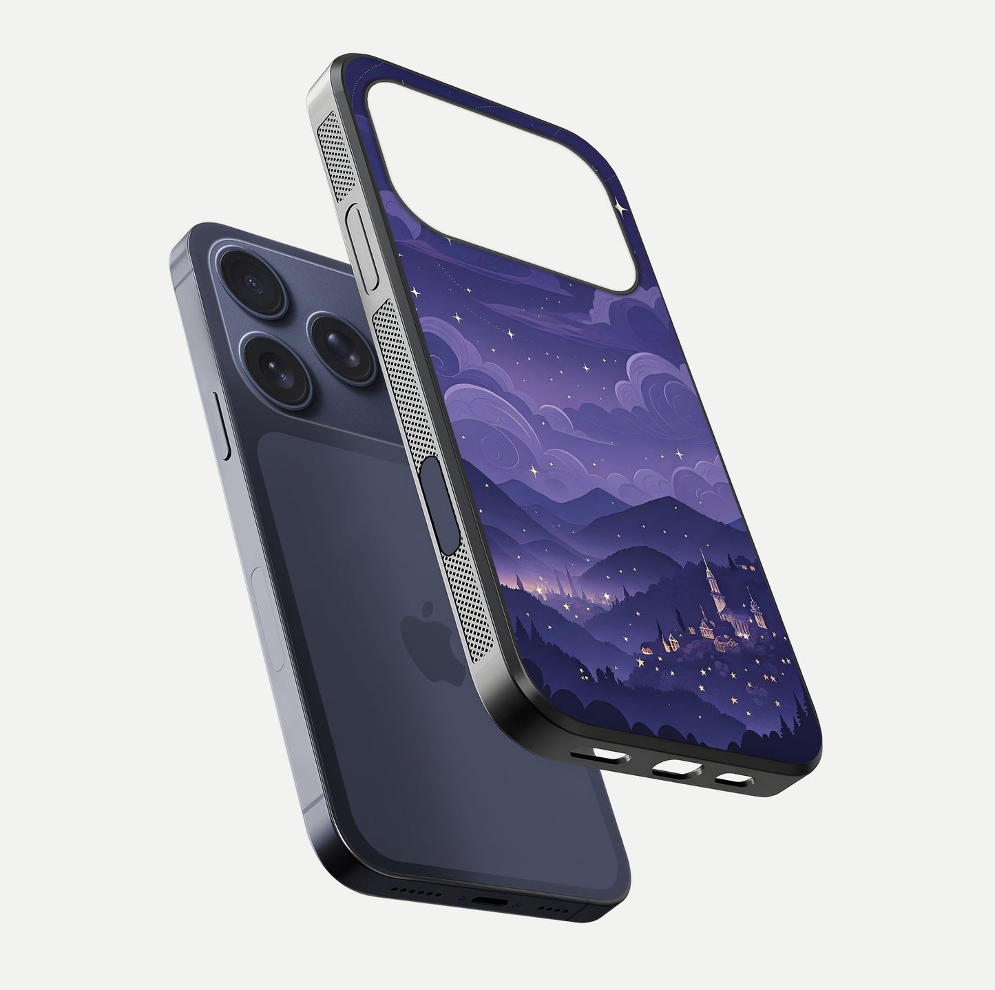 Minimal Night View Glass Case for iPhone 17 Pro floating dual-view mockup showing HD gloss and clean lines