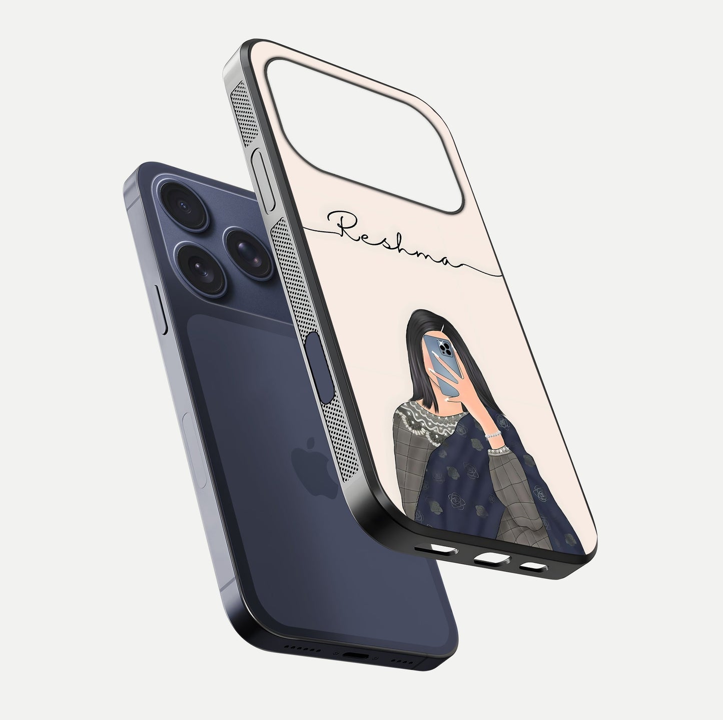 Mirror Mood Muse Custom Name Glass Case for iPhone 17 Pro floating dual-view mockup showing reflection and luxury style