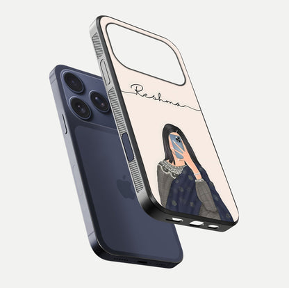 Mirror Mood Muse Custom Name Glass Case for iPhone 17 Pro floating dual-view mockup showing reflection and luxury style