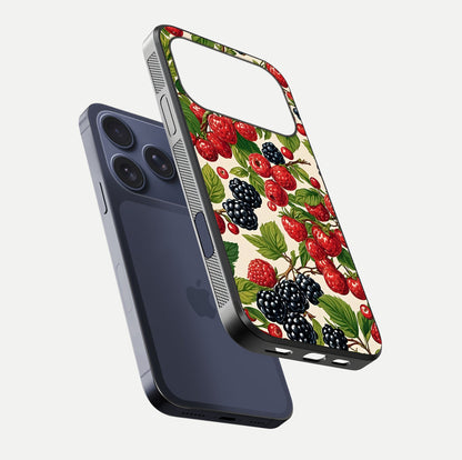 Mixed Berry Collage Glass Case for iPhone 17 Pro floating dual-view mockup showing gloss depth and vibrant design