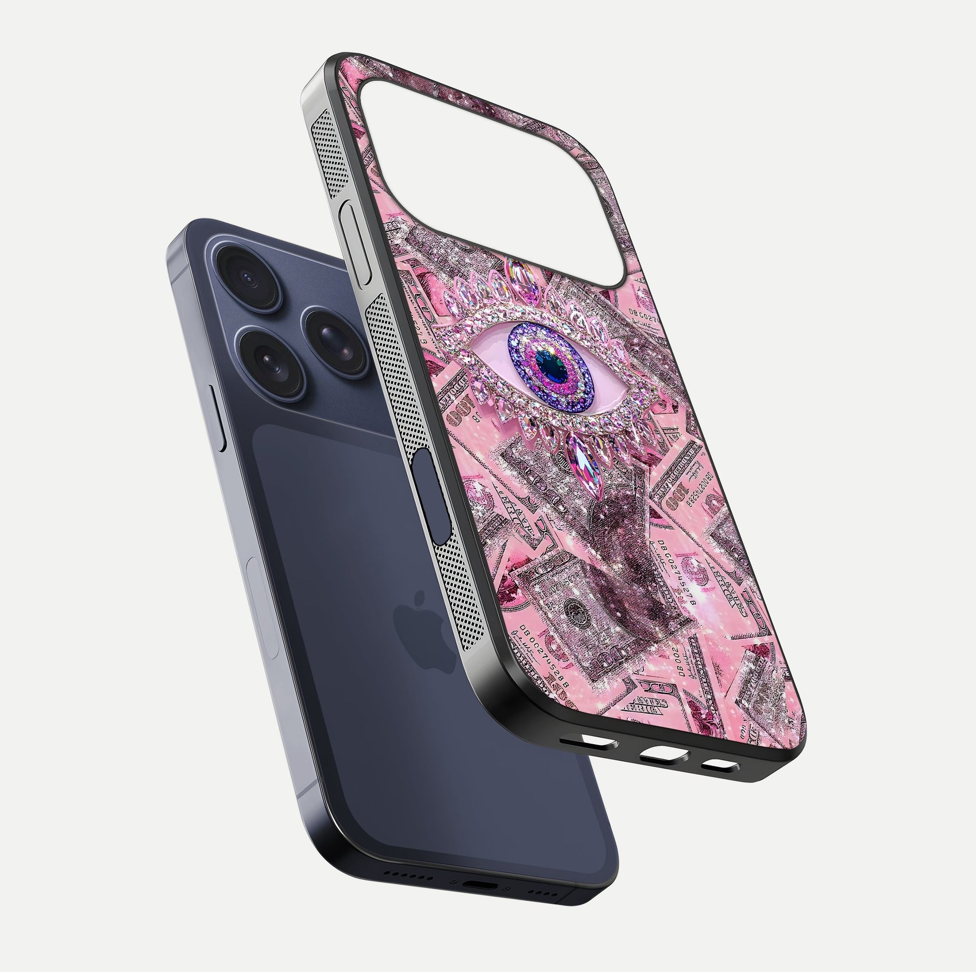 Money Eye Luxe Glass Case for iPhone 17 Pro floating dual-view mockup showing gloss surface and premium look
