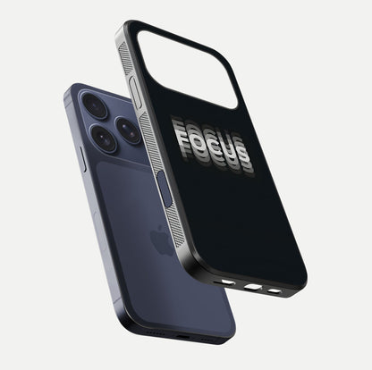 Mono Focus Vision Glass Case for iPhone 17 Pro floating dual-view mockup showing HD gloss and elegant simplicity