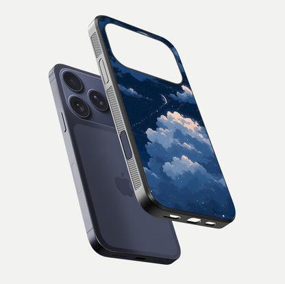 Moon Dream Haze Glass Case for iPhone 17 Pro floating dual-view mockup showing gloss texture and calm tones