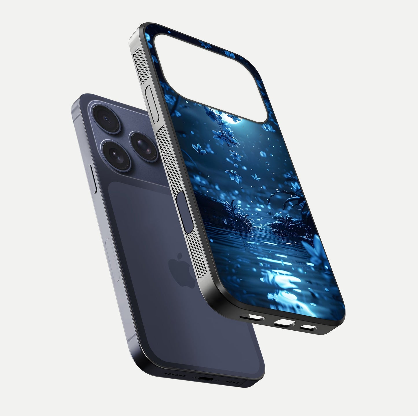 Moonlight Petal Dream Glass Case for iPhone 17 Pro floating dual-view mockup showing HD gloss and dreamy art