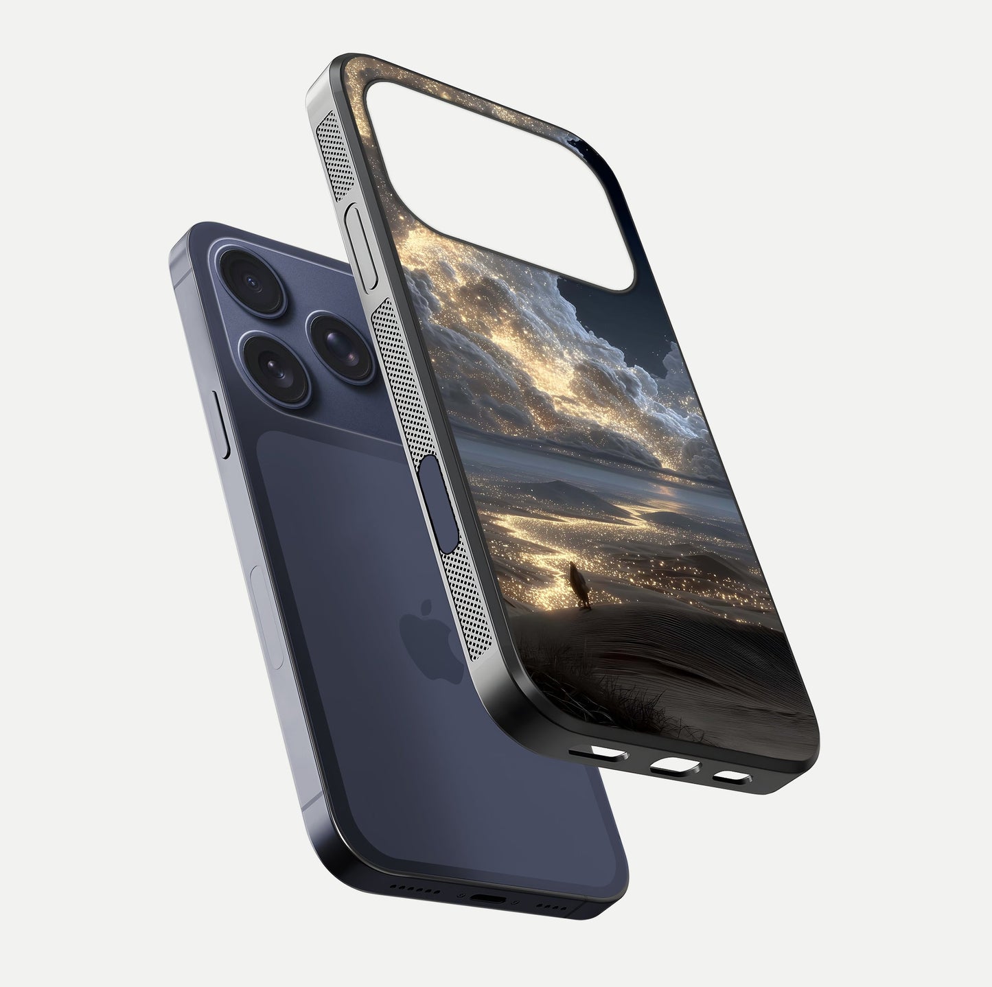 Moonlight Spark Path Glass Case for iPhone 17 Pro floating dual-view mockup showing gloss finish and shine depth