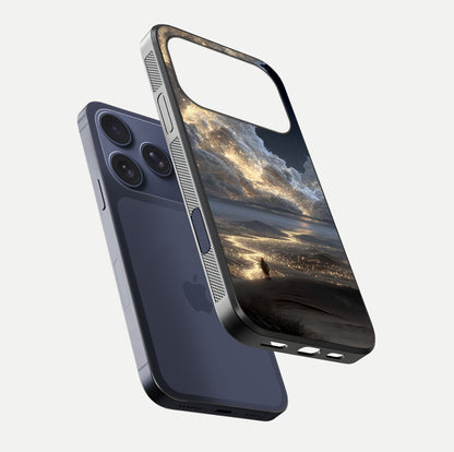 Moonlight Spark Path Glass Case for iPhone 17 Pro floating dual-view mockup showing gloss finish and shine depth