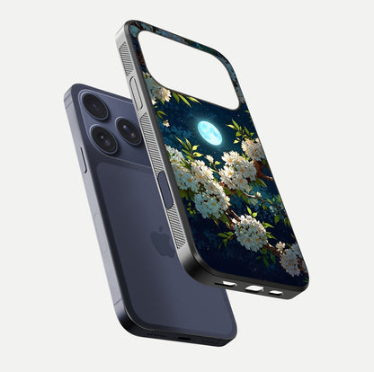 Moonlit Blossom Dream Glass Case for iPhone 17 Pro floating dual-view mockup showing gloss texture and floral tone