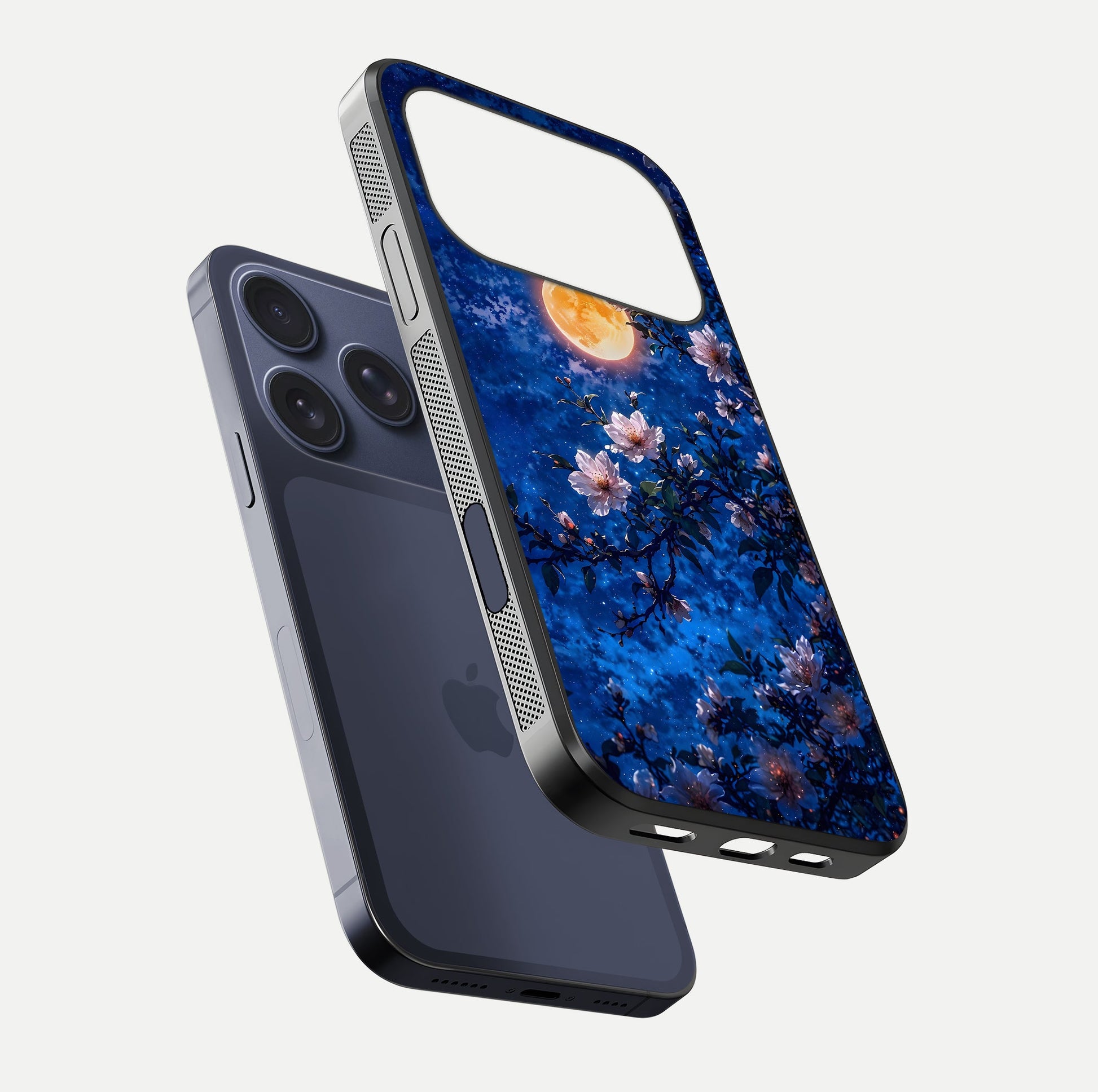 Moonlit Blossoms Night Glass Case for iPhone 17 Pro floating dual-view mockup showing HD gloss and floral contrast