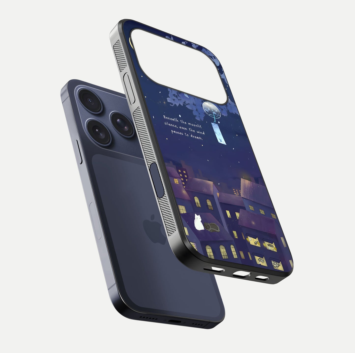 Moonlit Cat Silence Glass Case for iPhone 17 Pro floating dual-view mockup showing gloss reflection and moon art