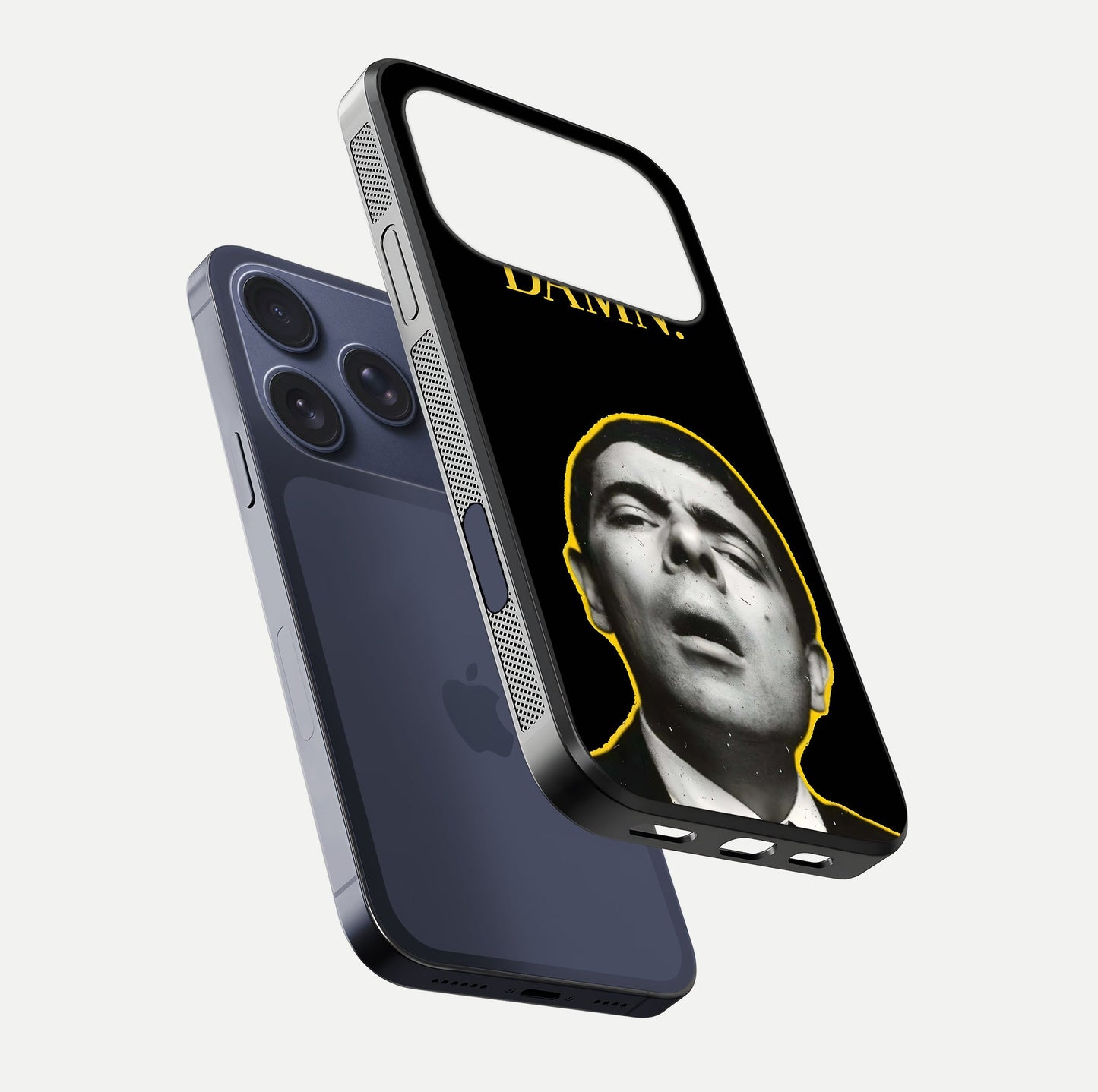 Mr Bean Damn Glass Case for iPhone 17 Pro floating dual-view mockup showing reflective gloss and vivid tones