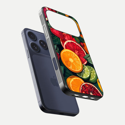 Multiple Fruits Glass Case for iPhone 17 Pro floating dual-view mockup showing reflection depth and freshness