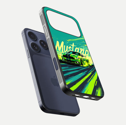 Mustang Bang Glass Case for iPhone 17 Pro floating dual-view mockup showing gloss depth and power design