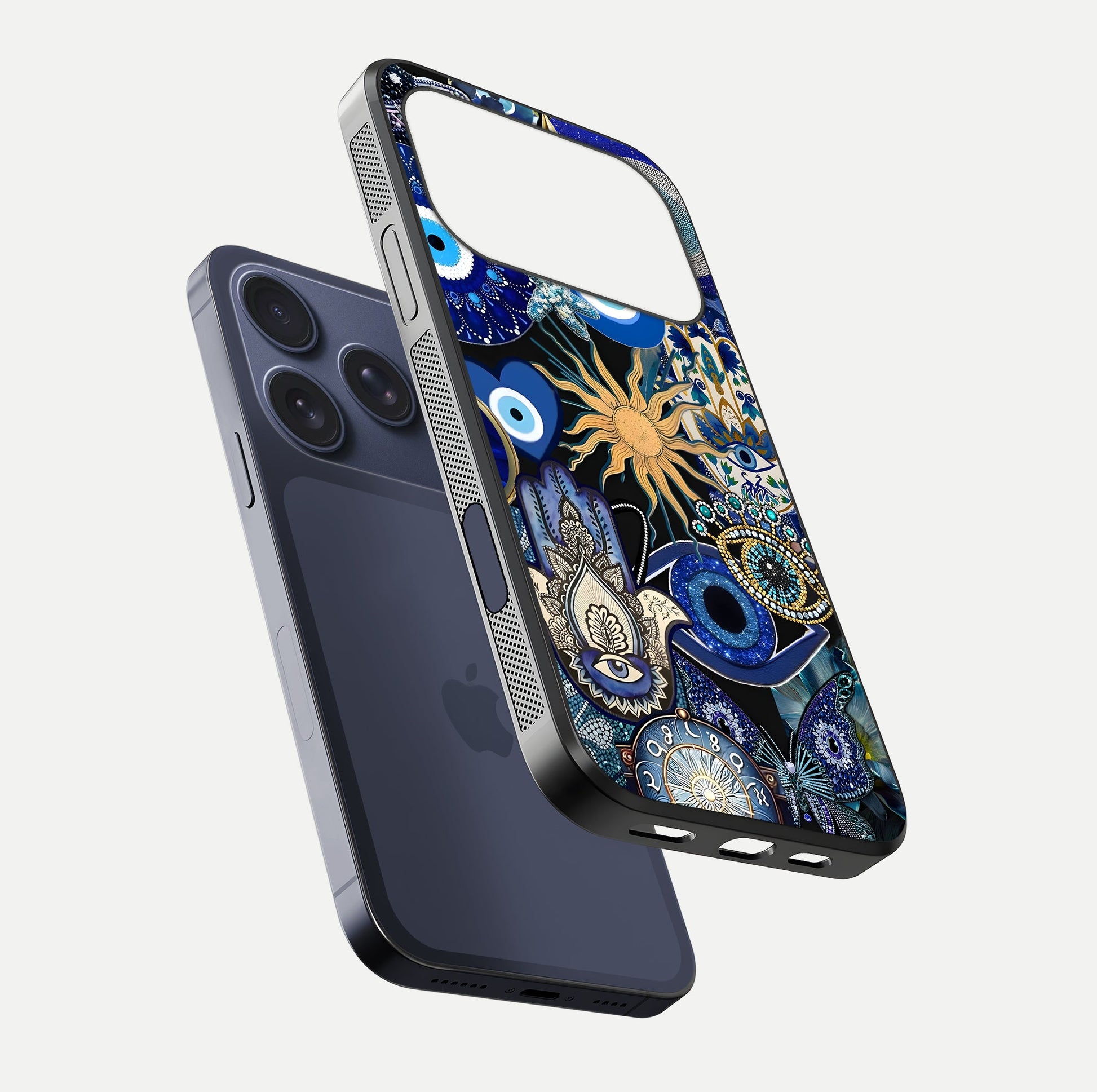 Mystic Blue Evil Eye Glass Case for iPhone 17 Pro floating dual-view mockup showing gloss depth and sacred symbol