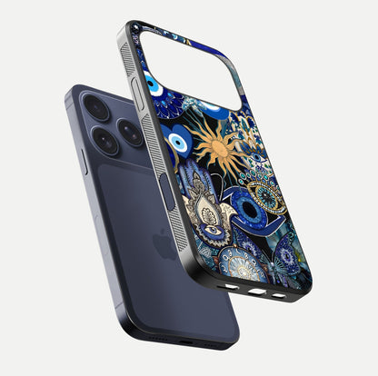 Mystic Blue Evil Eye Glass Case for iPhone 17 Pro floating dual-view mockup showing gloss depth and sacred symbol