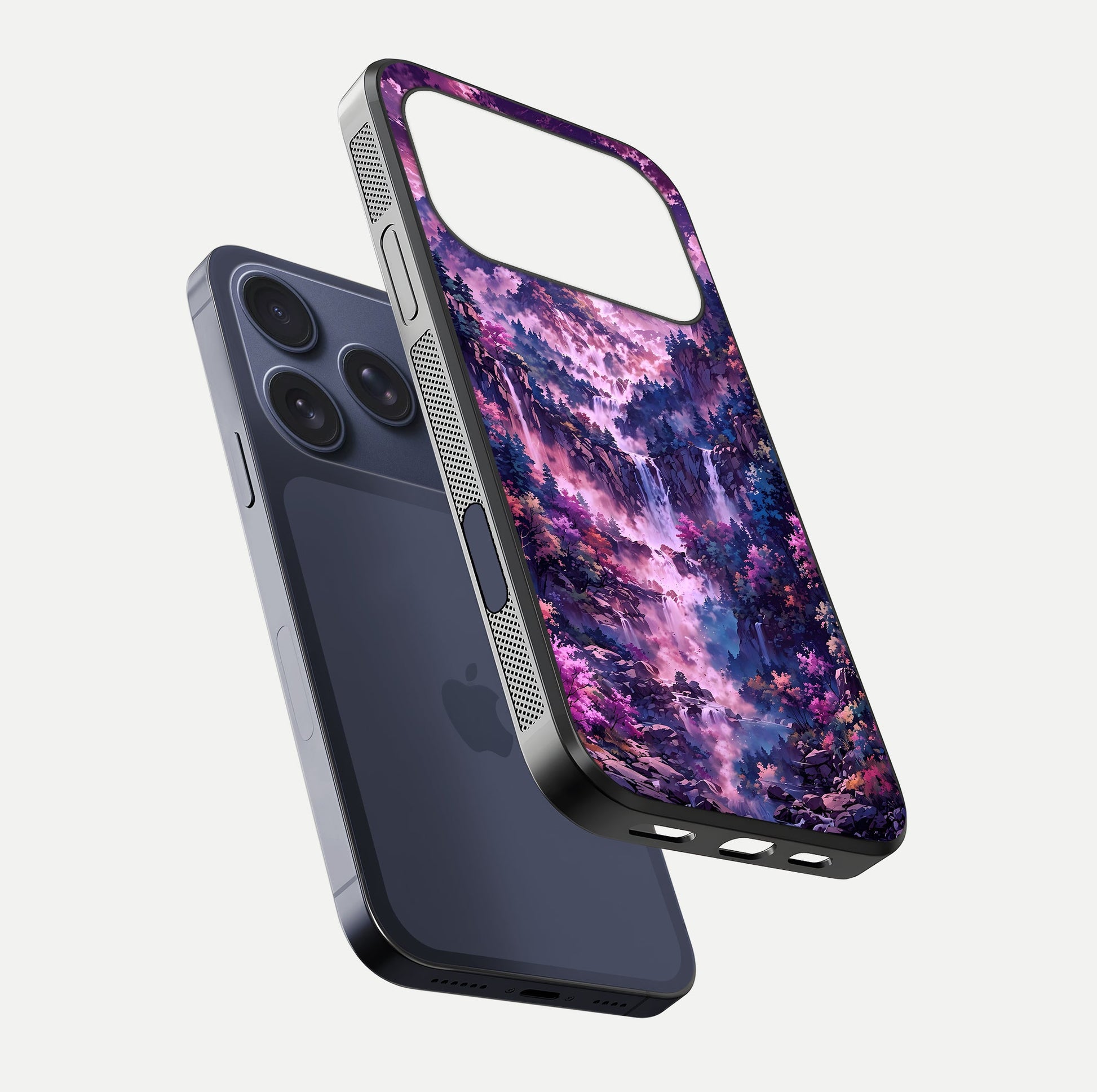 Mystic Cascade Peaks Glass Case for iPhone 17 Pro floating dual-view mockup showing gloss texture and depth