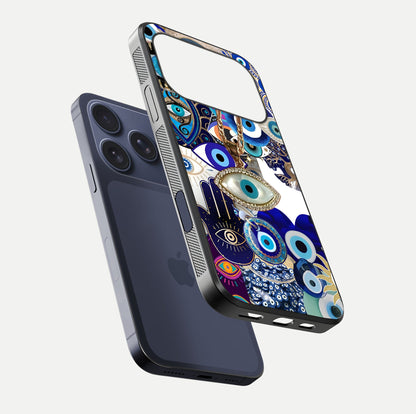 Mystic Charm Eye Glass Case for iPhone 17 Pro floating dual-view mockup showing gloss glow and charm symbol