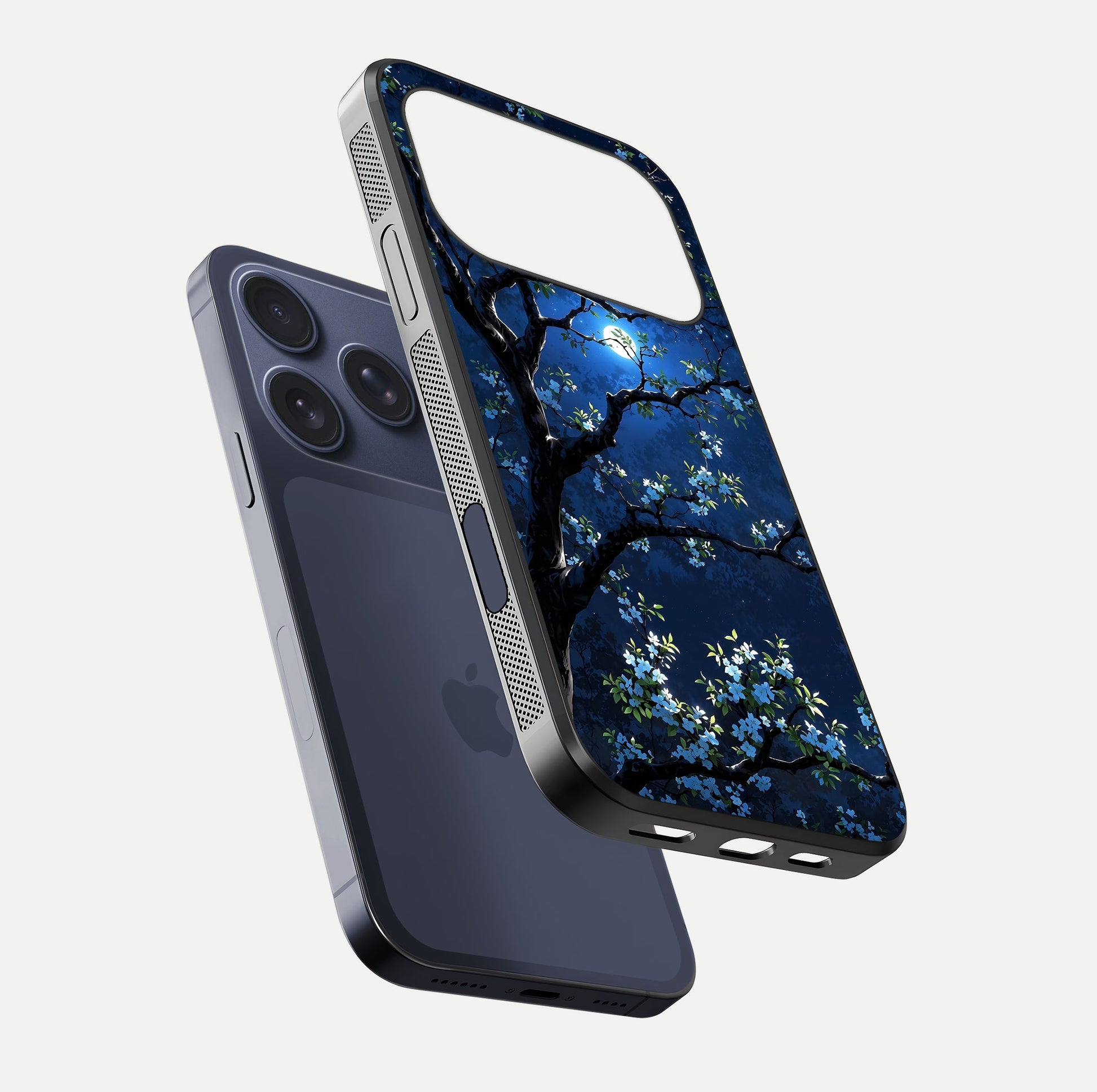 Mystic Floral Night Glass Case for iPhone 17 Pro floating dual-view mockup displaying shine and rich color depth