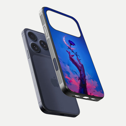 Mystic Hand Glass Case for iPhone 17 Pro floating dual-view mockup showing HD shine and fine palm detail