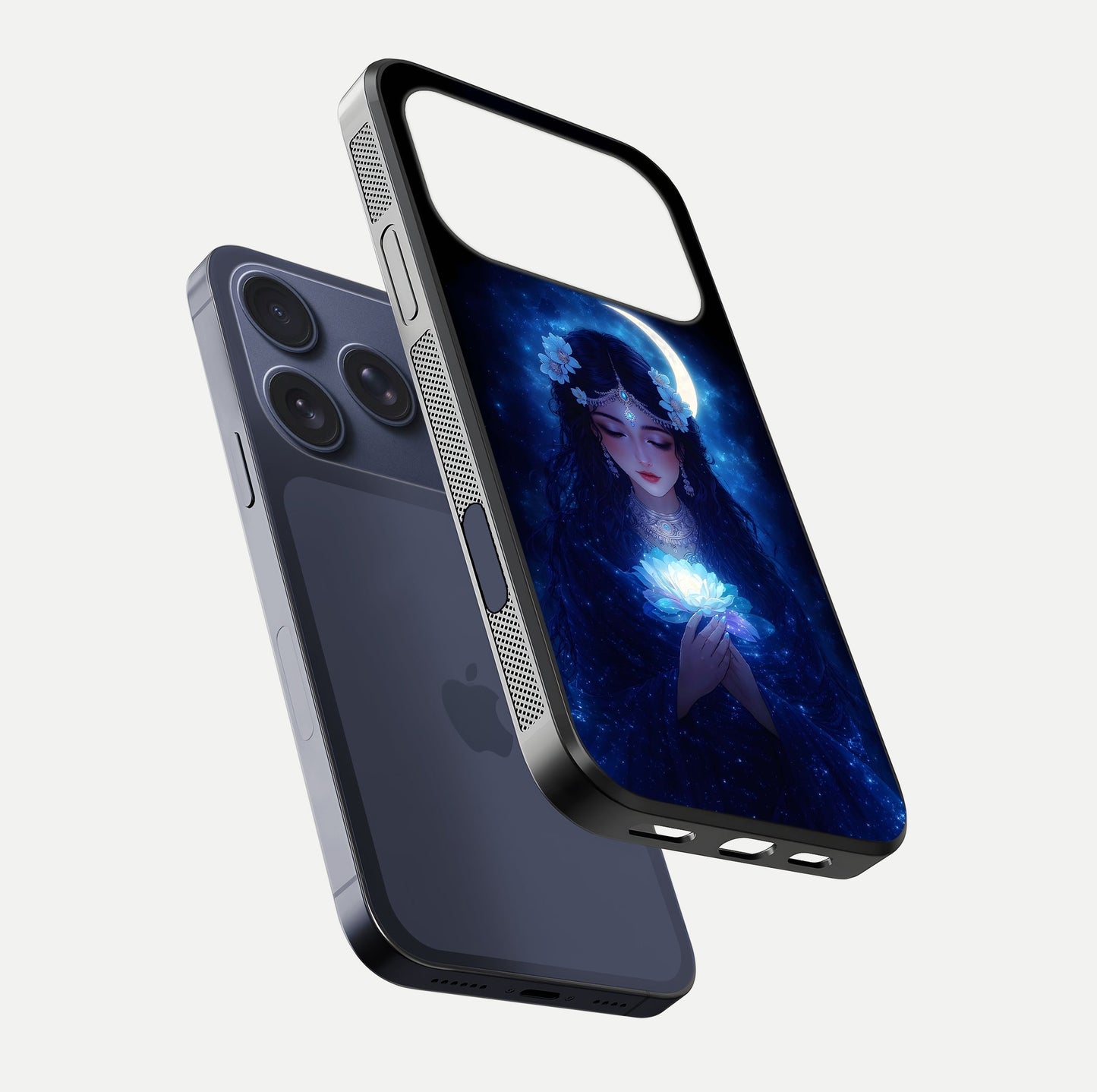Mystic Moon Queen Glass Case for iPhone 17 Pro floating dual-view mockup showing HD gloss and cosmic glow