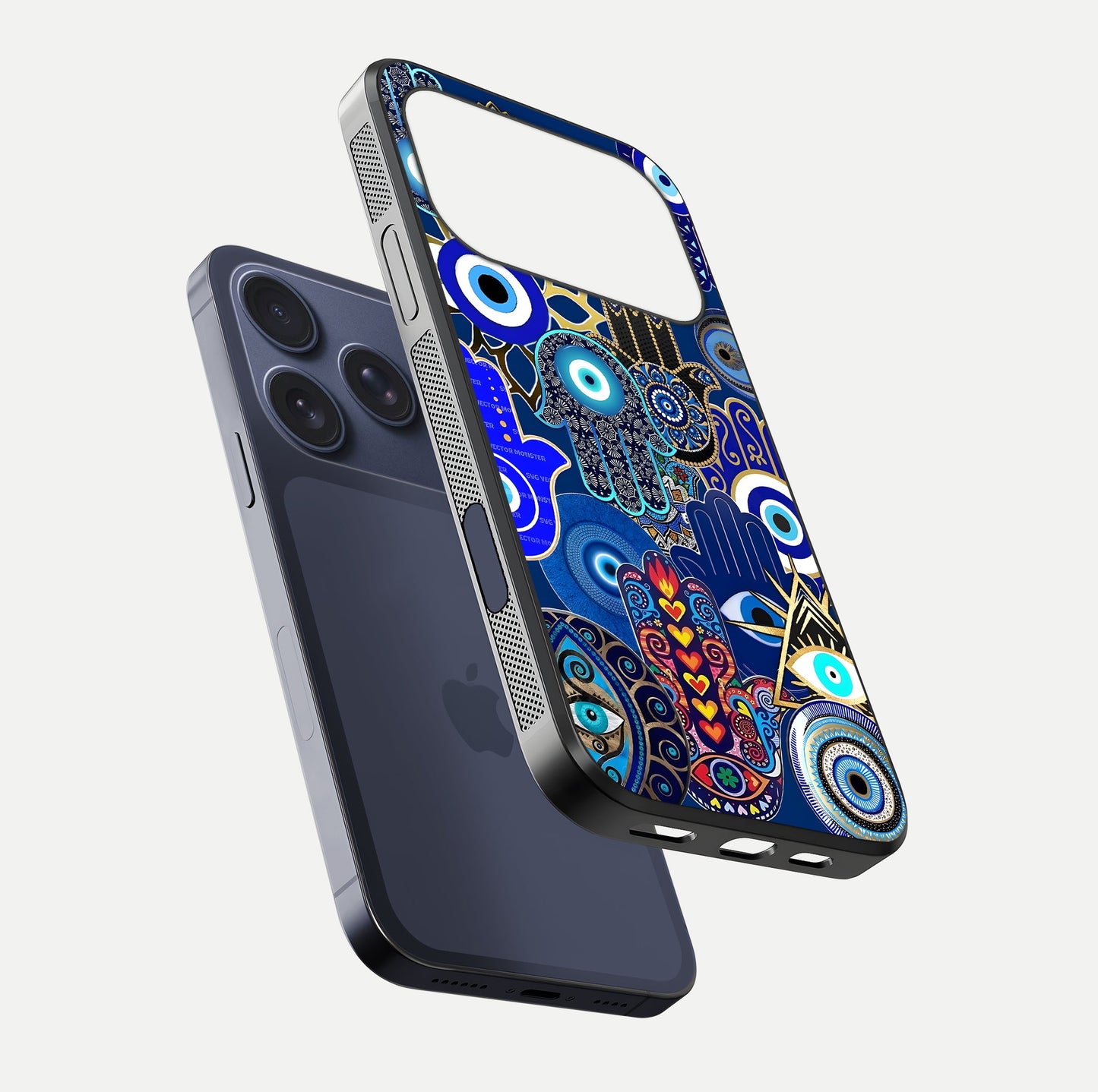 Mystic Palm Guard Glass Case for iPhone 17 Pro floating dual-view mockup showing HD reflection and vivid tone