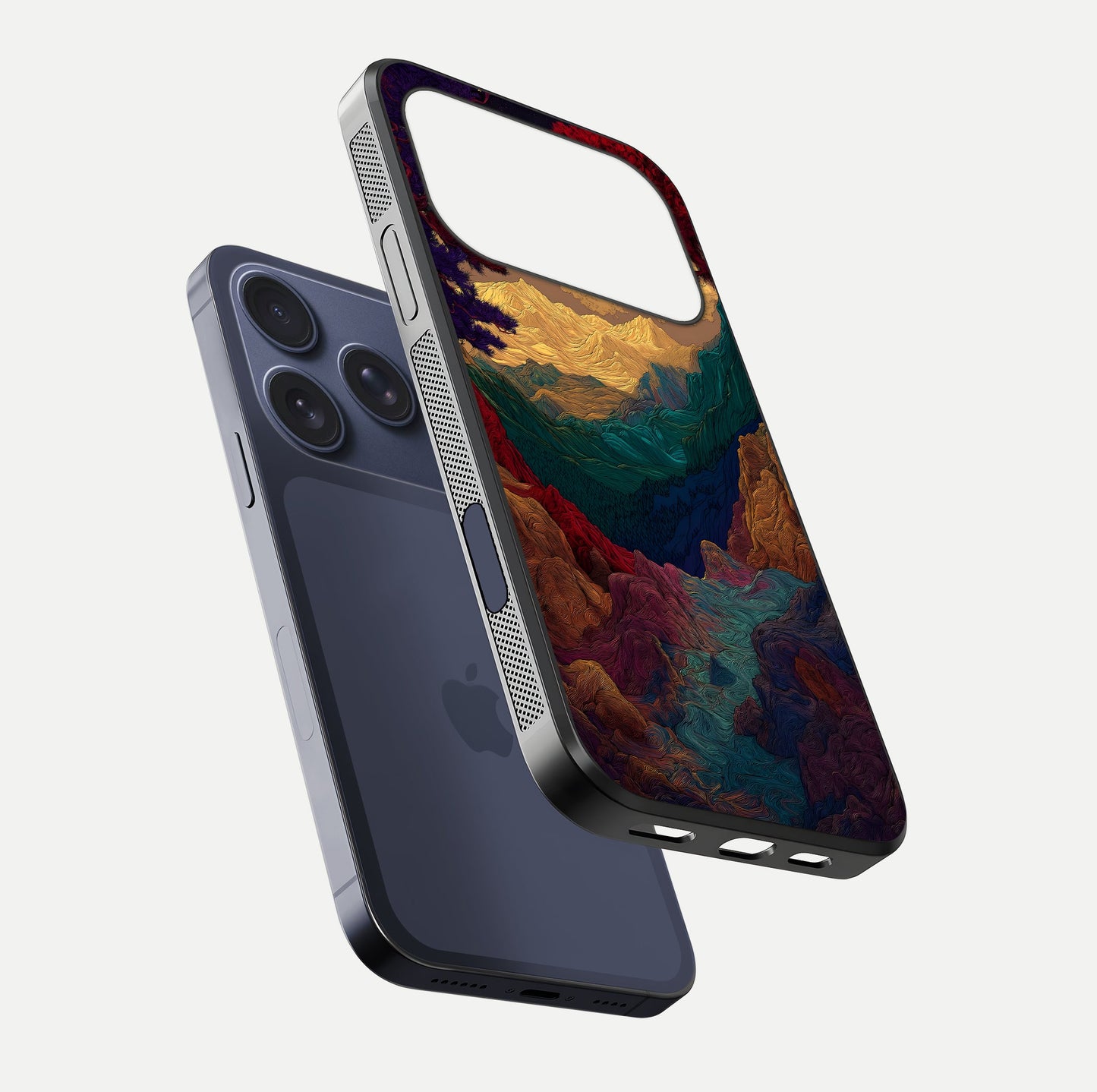 Mystic Valley Light Glass Case for iPhone 17 Pro floating dual-view mockup showing HD gloss and light blend