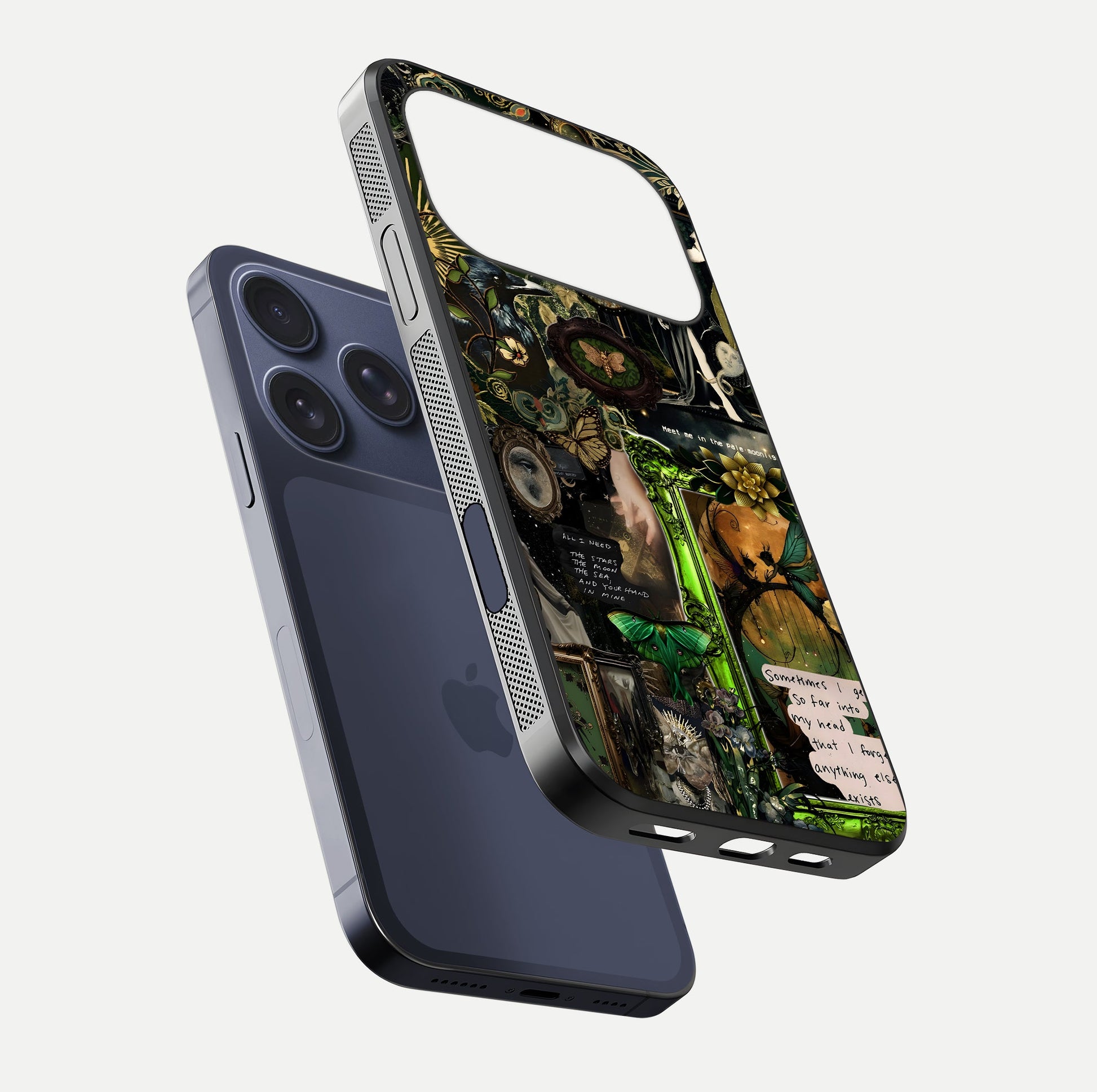 Mystic Woods Secret Glass Case for iPhone 17 Pro floating dual-view mockup showing HD shine and depth