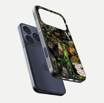 Mystic Woods Secret Glass Case for iPhone 17 Pro floating dual-view mockup showing HD shine and depth